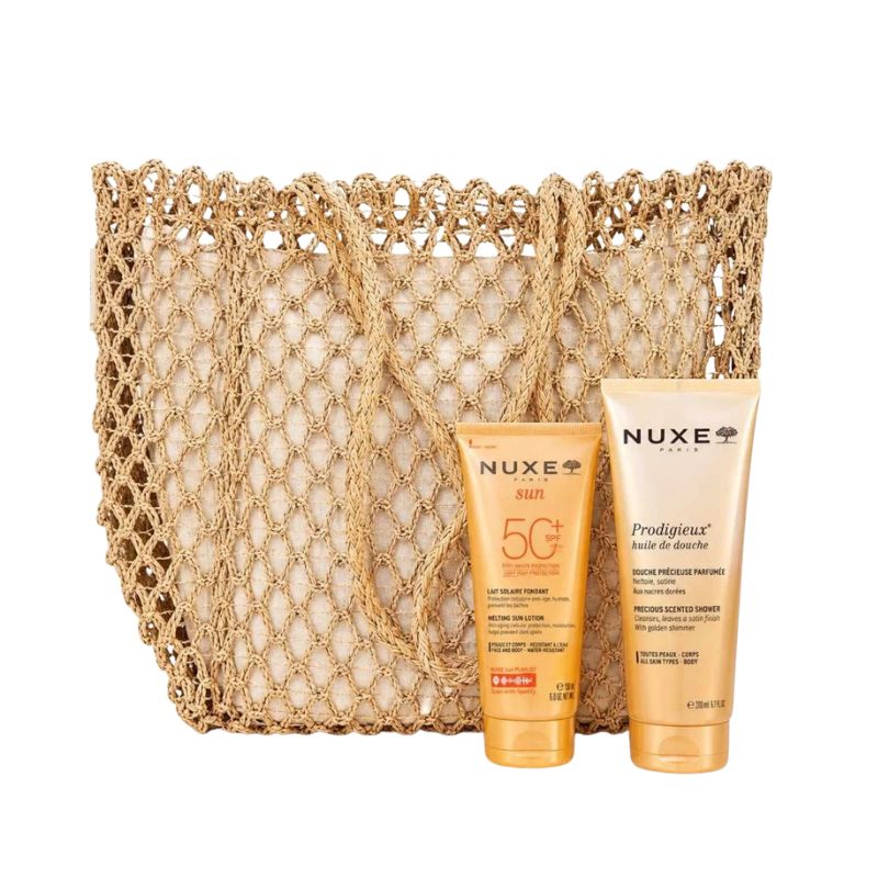 NUXE Lait Solaire Fondant SPF50+ 150 ml + Huile de Douche Prodigieux® 200 ml Offerte + Sac de Plage Offert
