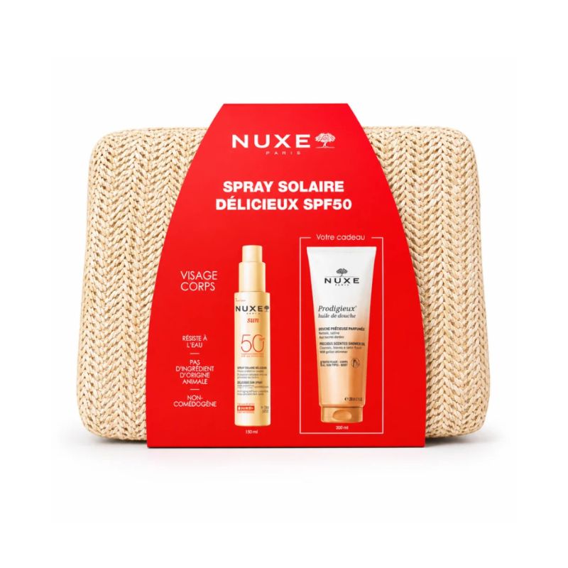 NUXE Spray Solaire Délicieux SPF50+ & Prodigieux Huile de Douche 200 ml Offerte avec Trousse Offerte